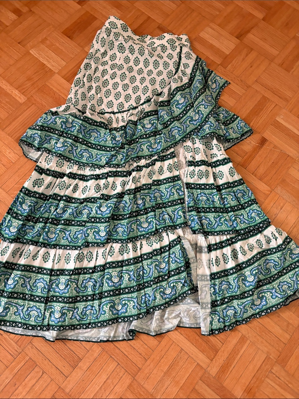 Sandro Green & White Paisley Tiered Skirt NWOT